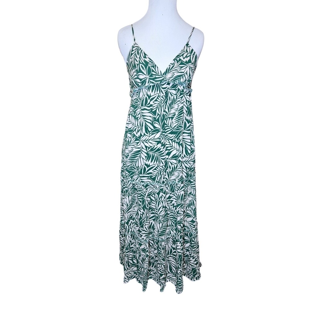 Green Tropical Palm Leaf Tiered Maxi Dress Medium